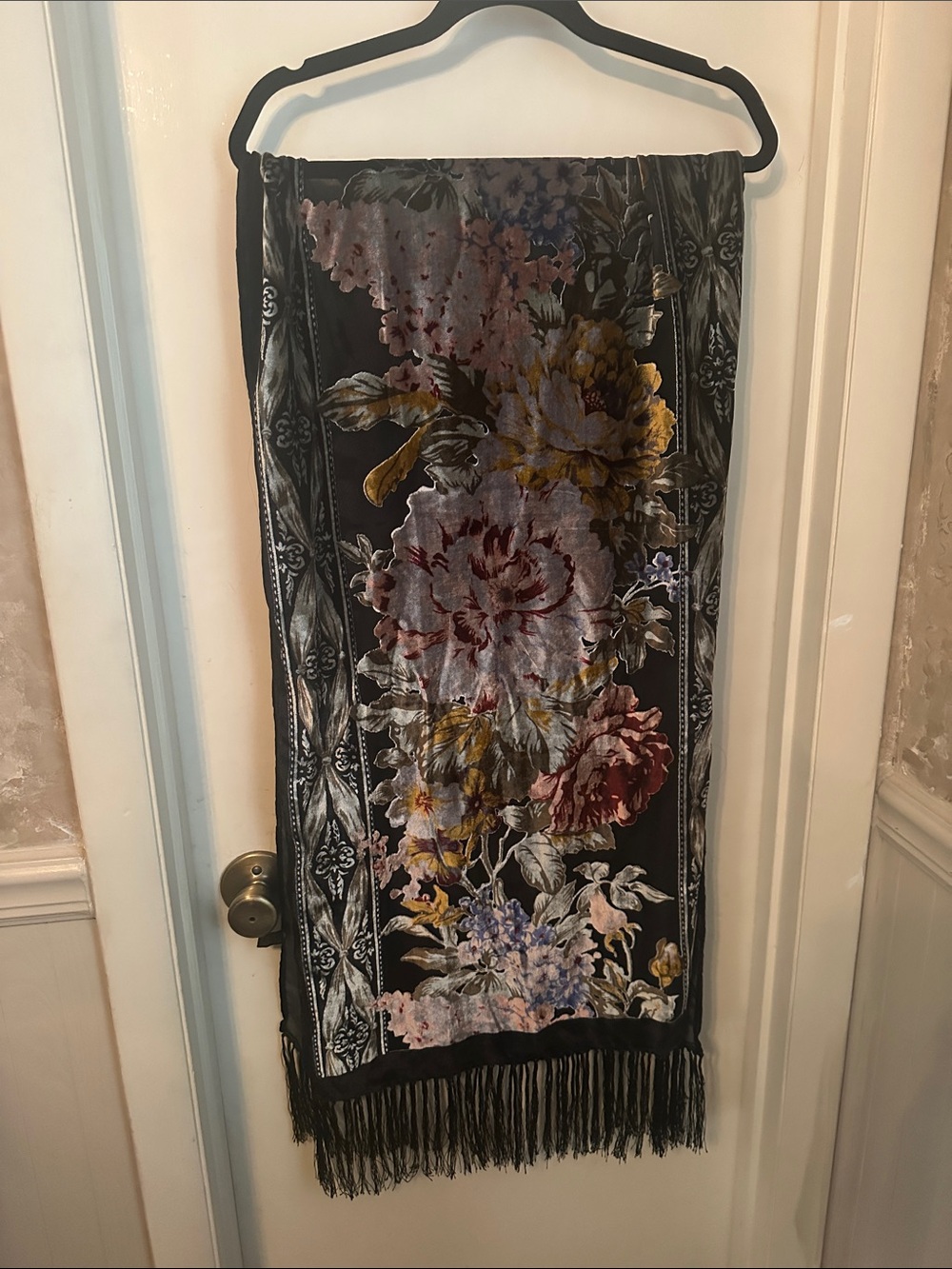 Plush Floral Velvet Throw, Wrap or Scarf - Black with Multicolor Bloom